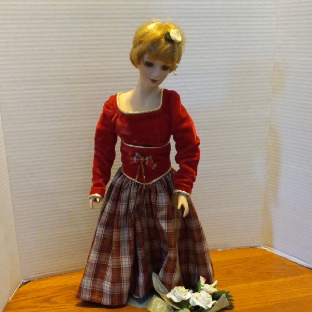 Elegant Red and Plaid 17" Bisque Doll with Bow
